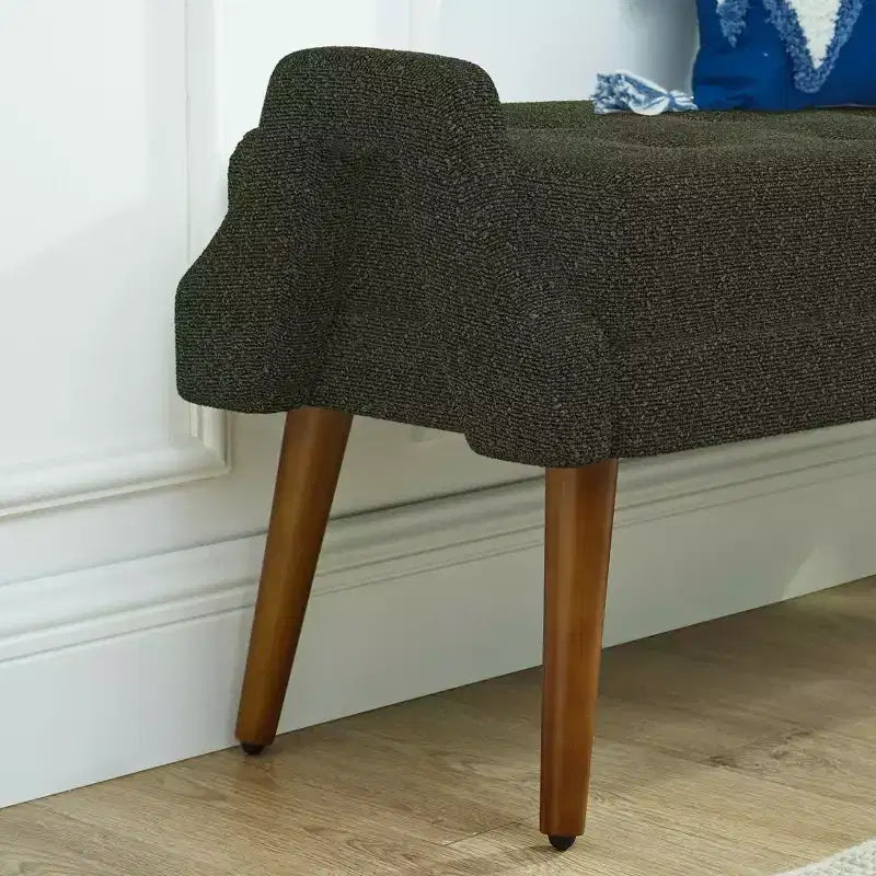 Banc de salon moderne en tissu filé bouclé avec coussin doux, accoudoirs géométriques irréguliers, pieds en bois d'hévéa, vert