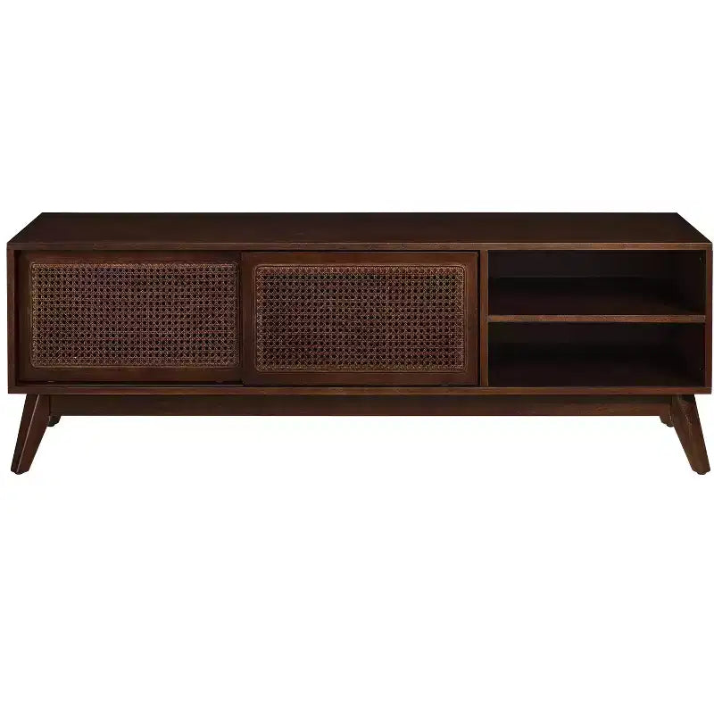 Meuble TV en rotin de style moderne du milieu du siècle de 150 cm pour téléviseurs de 65 pouces avec pieds en bois massif et portes en rotin - Bois foncé