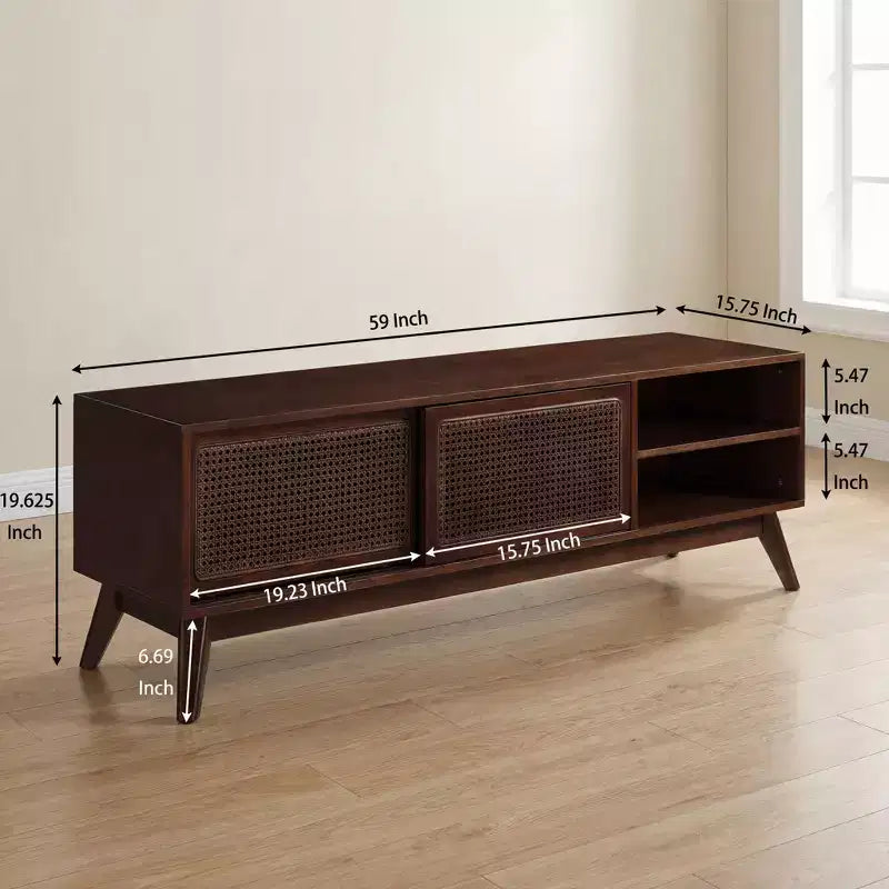 Meuble TV en rotin de style moderne du milieu du siècle de 150 cm pour téléviseurs de 65 pouces avec pieds en bois massif et portes en rotin - Bois foncé