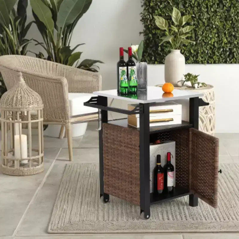 Wicker Outdoor Bar Cart with Stainless Steel Top, Storage Cabinet & Wheels, Patio Serving Prep Table for Garden Poolside