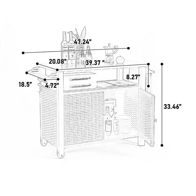 Chariot de bar d'extérieur en osier avec plateau en acier inoxydable, armoire de rangement et roulettes, table de service de patio pour jardin ou piscine