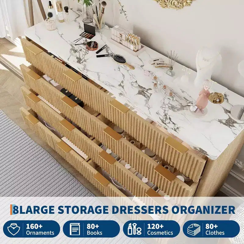 Commode moderne en bois cannelé à 8 tiroirs, design incurvé et poignées, meuble de rangement pour vêtements, meuble TV pour chambre à coucher ou couloir