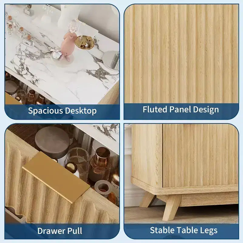 Commode moderne en bois cannelé à 8 tiroirs, design incurvé et poignées, meuble de rangement pour vêtements, meuble TV pour chambre à coucher ou couloir