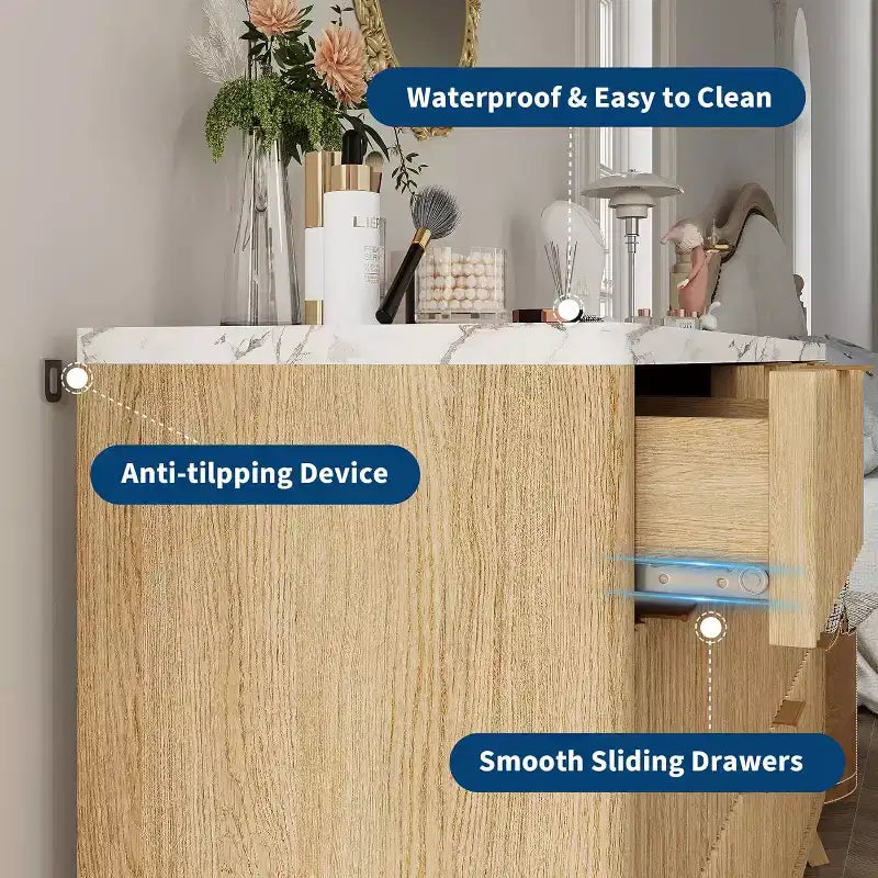 Commode moderne en bois cannelé à 8 tiroirs, design incurvé et poignées, meuble de rangement pour vêtements, meuble TV pour chambre à coucher ou couloir