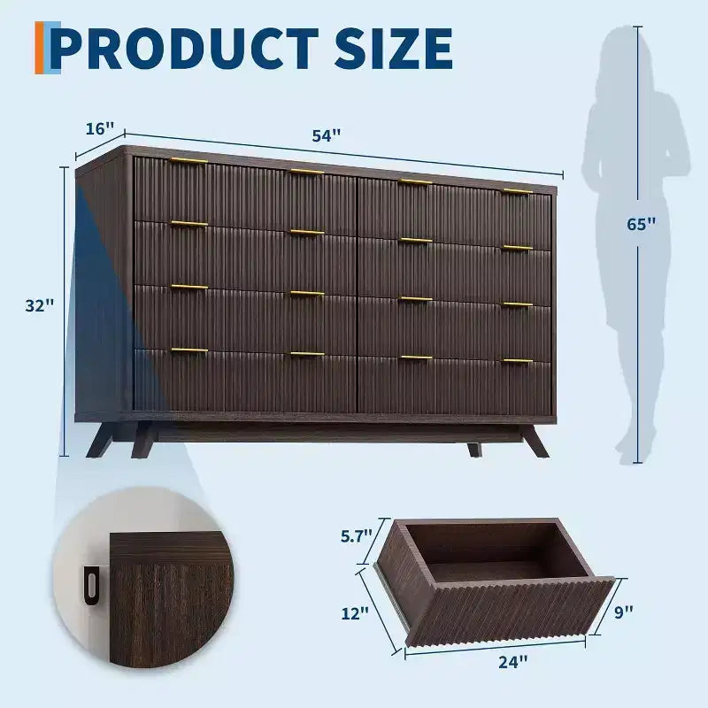 Commode moderne en bois cannelé à 8 tiroirs, design incurvé et poignées, meuble de rangement pour vêtements, meuble TV pour chambre à coucher ou couloir