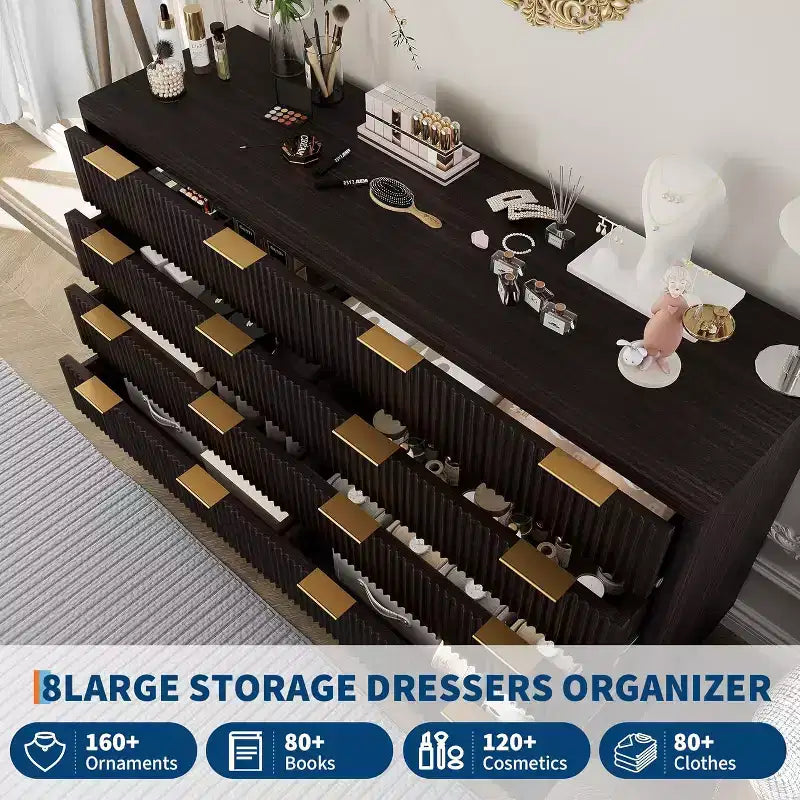 Commode moderne en bois cannelé à 8 tiroirs, design incurvé et poignées, meuble de rangement pour vêtements, meuble TV pour chambre à coucher ou couloir
