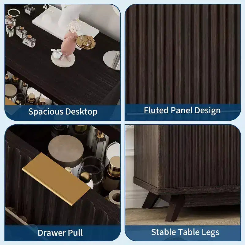 Commode moderne en bois cannelé à 8 tiroirs, design incurvé et poignées, meuble de rangement pour vêtements, meuble TV pour chambre à coucher ou couloir