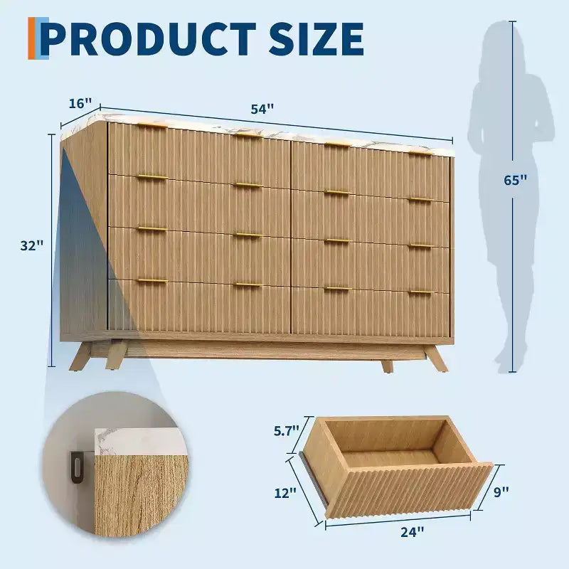 Commode moderne en bois cannelé à 8 tiroirs, design incurvé et poignées, meuble de rangement pour vêtements, meuble TV pour chambre à coucher ou couloir