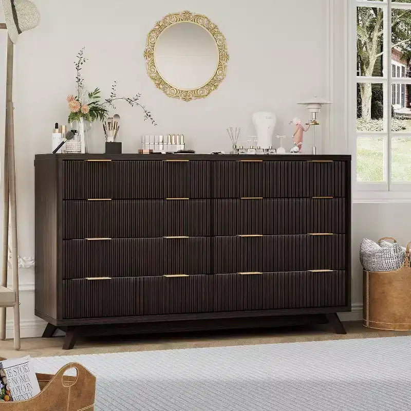 54 Modern Wood Wide Fluted Dresser with 8 Drawers, Curved Design and Handle, Closet Clothes Storage Organizer Cabinet, TV Stand for Bedroom Hallway
