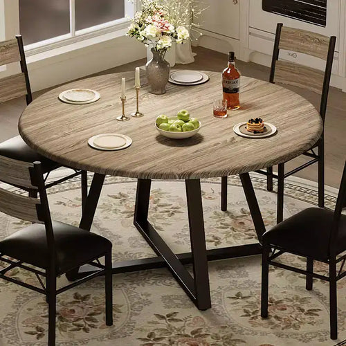 5-Piece Round Dining Table Set for 4, Sturdy Wooden Kitchen Table and 4 Upholstered Chairs, Space-Saving Circle Dinner Table Set for Dining Room