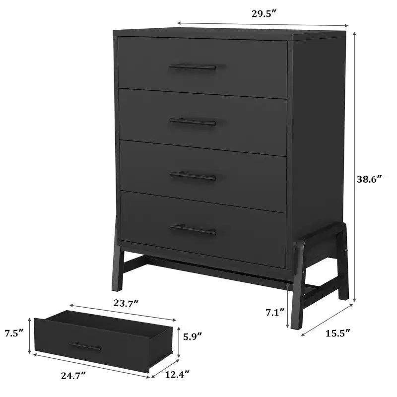 38,6 Commode haute en bois naturel à 4 tiroirs, Meuble de rangement autoportant pour chambre à coucher ou entrée