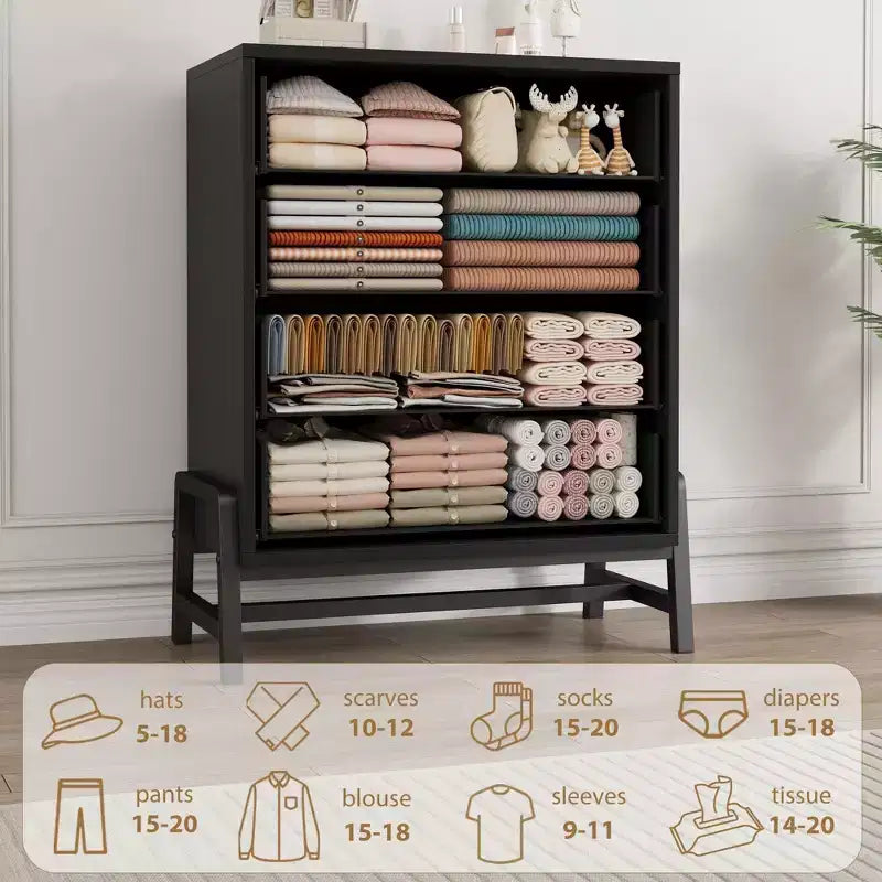 38,6 Commode haute en bois naturel à 4 tiroirs, Meuble de rangement autoportant pour chambre à coucher ou entrée