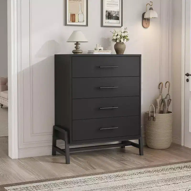 38,6 Commode haute en bois naturel à 4 tiroirs, Meuble de rangement autoportant pour chambre à coucher ou entrée