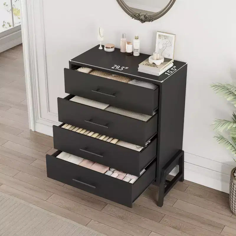 38,6 Commode haute en bois naturel à 4 tiroirs, Meuble de rangement autoportant pour chambre à coucher ou entrée