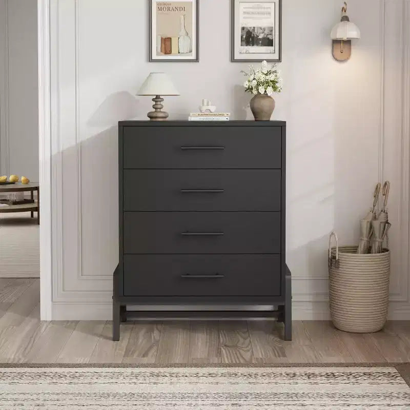 38,6 Commode haute en bois naturel à 4 tiroirs, Meuble de rangement autoportant pour chambre à coucher ou entrée
