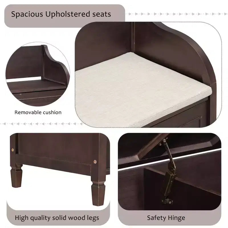 Banc de rangement rustique avec accoudoir, siège d'entrée de ferme avec charnière de sécurité, coussin fendu amovible, banc à chaussures pour chambre à coucher, salon