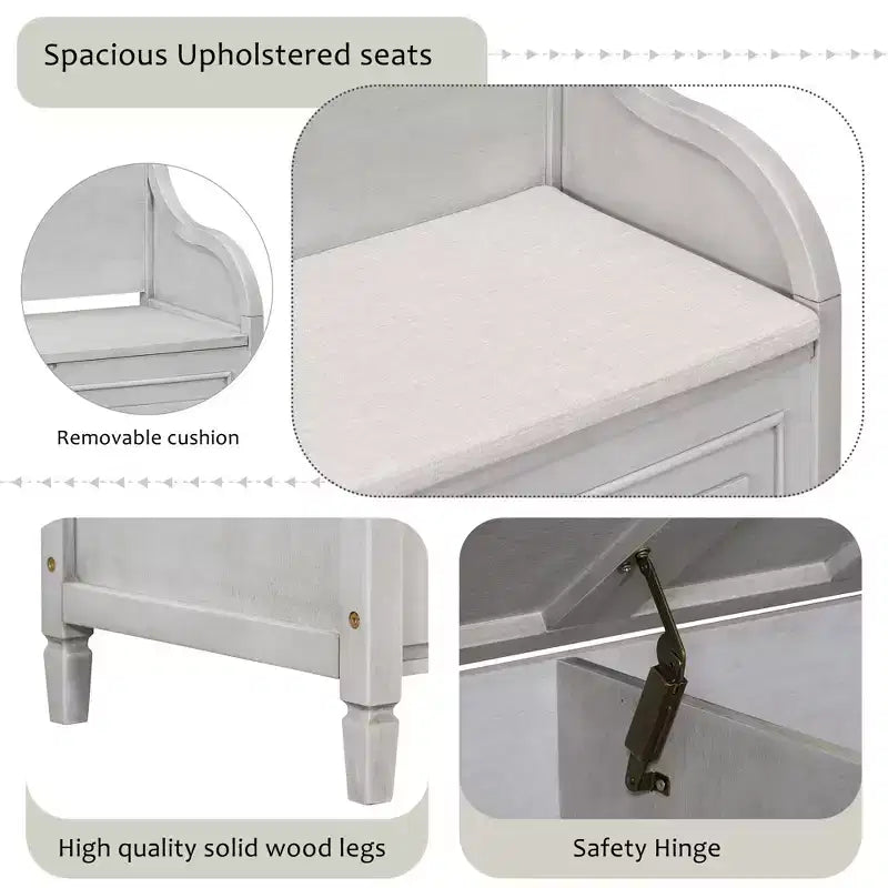 Banc de rangement rustique avec accoudoir, siège d'entrée de ferme avec charnière de sécurité, coussin fendu amovible, banc à chaussures pour chambre à coucher, salon