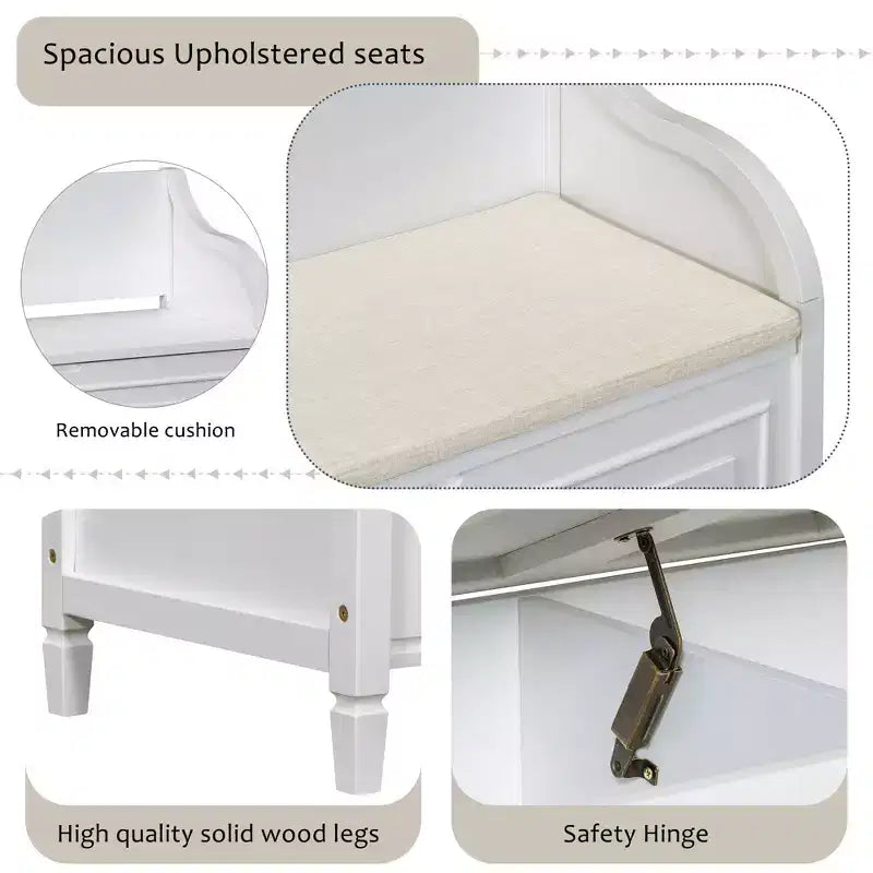 Banc de rangement rustique avec accoudoir, siège d'entrée de ferme avec charnière de sécurité, coussin fendu amovible, banc à chaussures pour chambre à coucher, salon