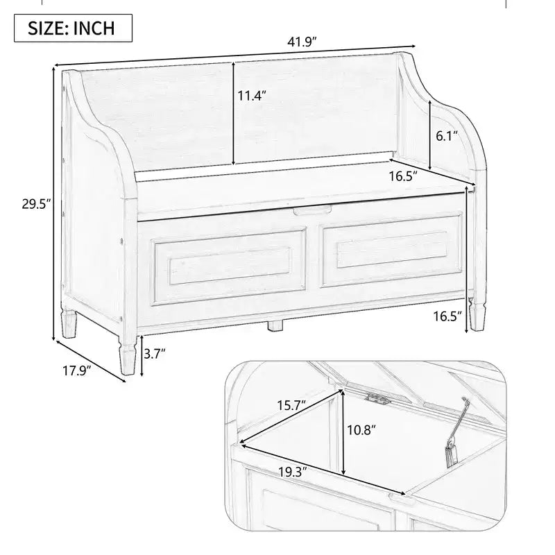 Banc de rangement rustique avec accoudoir, siège d'entrée de ferme avec charnière de sécurité, coussin fendu amovible, banc à chaussures pour chambre à coucher, salon