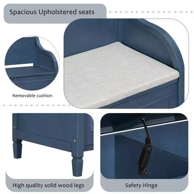 Banc de rangement rustique avec accoudoir, siège d'entrée de ferme avec charnière de sécurité, coussin fendu amovible, banc à chaussures pour chambre à coucher, salon