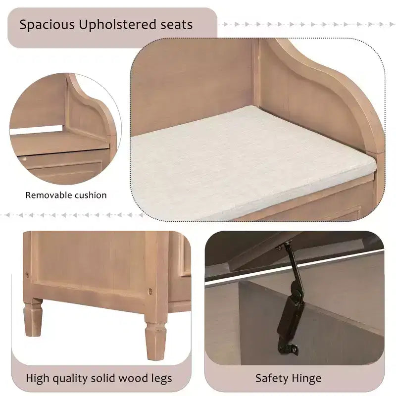 Banc de rangement rustique avec accoudoir, siège d'entrée de ferme avec charnière de sécurité, coussin fendu amovible, banc à chaussures pour chambre à coucher, salon
