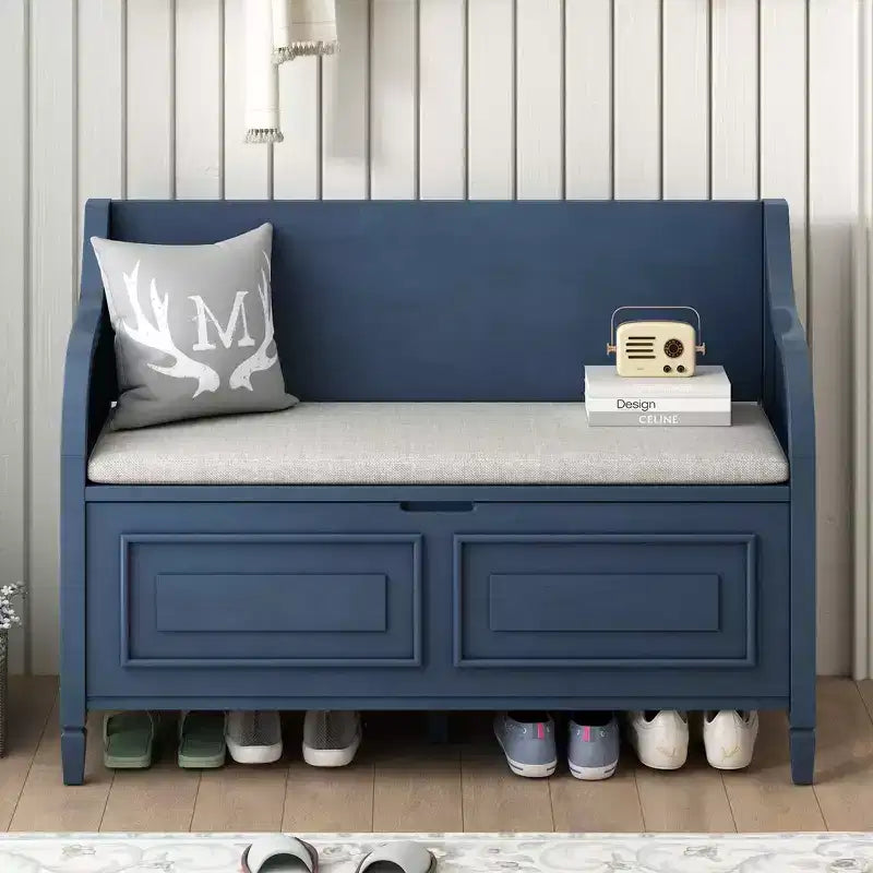 TUYOHW Rustic Storage Bench with Armrest,Farmhouse Entryway Seat with Safety Hinge,Removable Split Cushion,Shoe Bench for Bedroom,Living Room