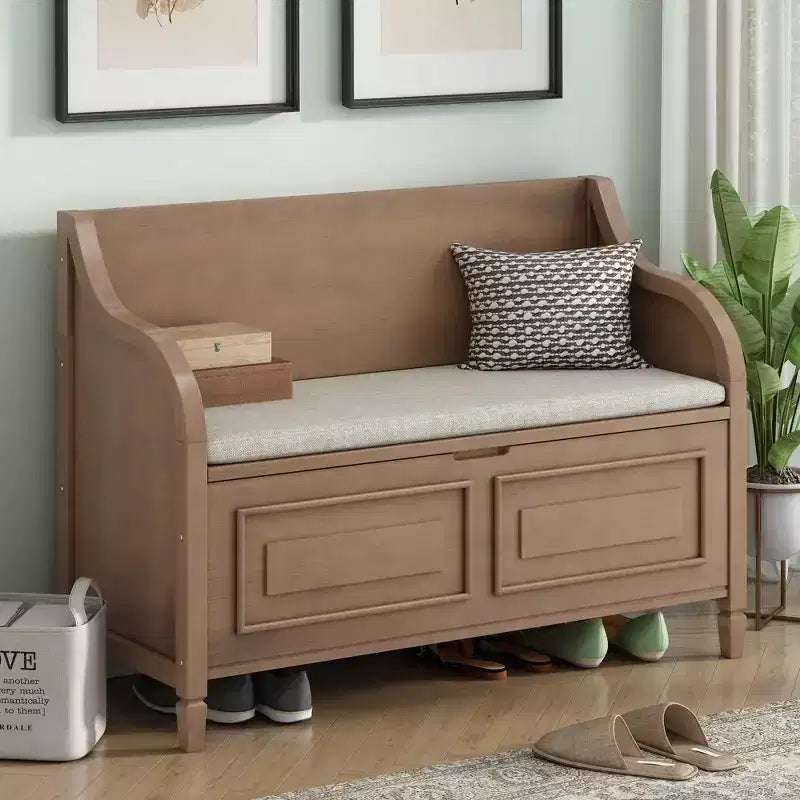 Banc de rangement rustique avec accoudoir, siège d'entrée de ferme avec charnière de sécurité, coussin fendu amovible, banc à chaussures pour chambre à coucher, salon
