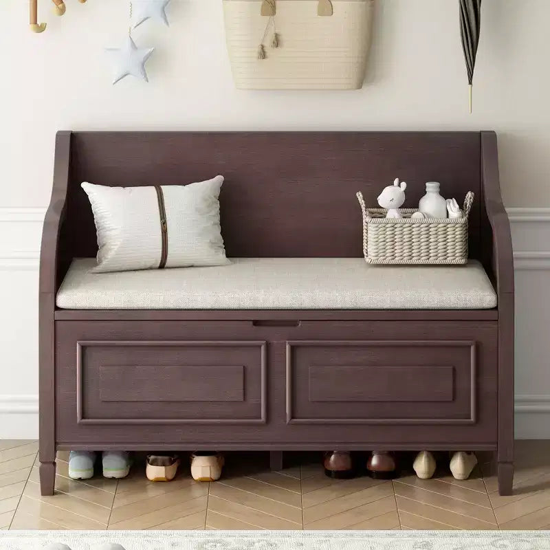 Banc de rangement rustique avec accoudoir, siège d'entrée de ferme avec charnière de sécurité, coussin fendu amovible, banc à chaussures pour chambre à coucher, salon