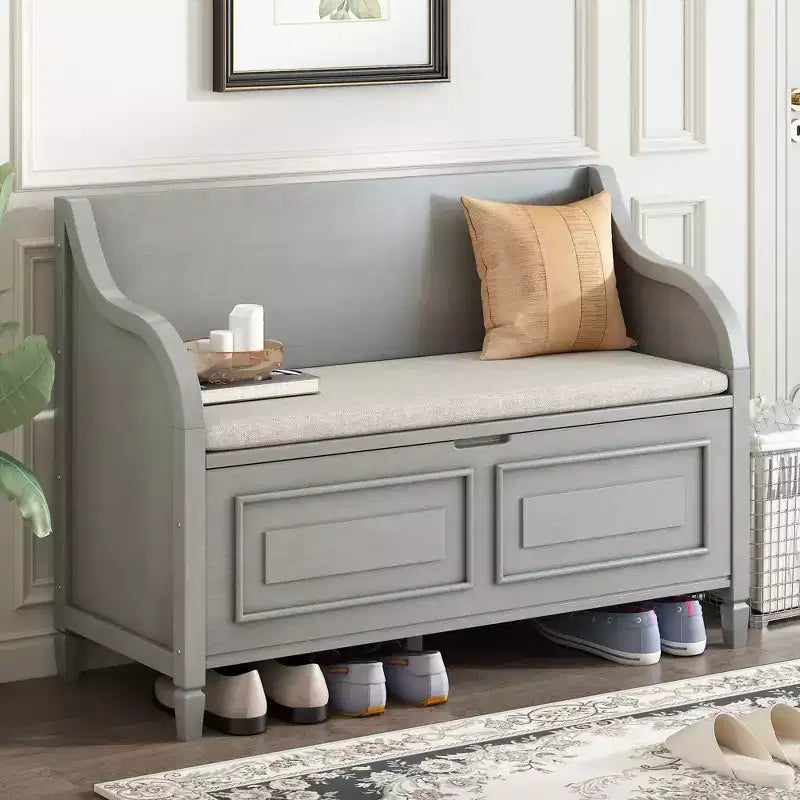Banc de rangement rustique avec accoudoir, siège d'entrée de ferme avec charnière de sécurité, coussin fendu amovible, banc à chaussures pour chambre à coucher, salon