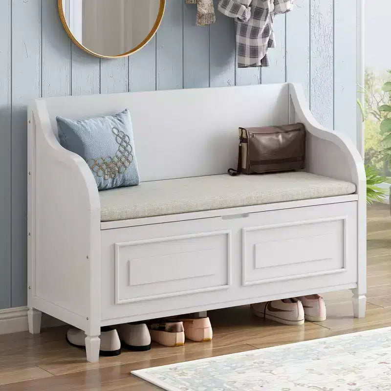 Banc de rangement rustique avec accoudoir, siège d'entrée de ferme avec charnière de sécurité, coussin fendu amovible, banc à chaussures pour chambre à coucher, salon