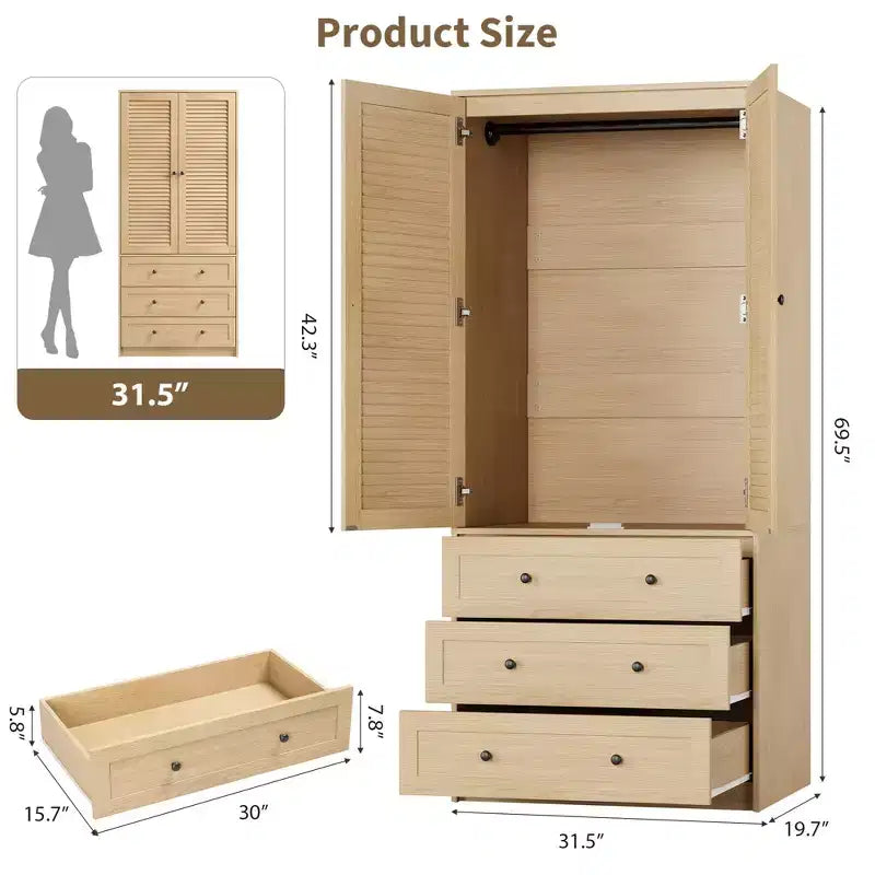 Armoire à vêtements avec tiroirs, armoire penderie en bois de 176,5 cm avec tringle de suspension, placard de rangement à 2 portes