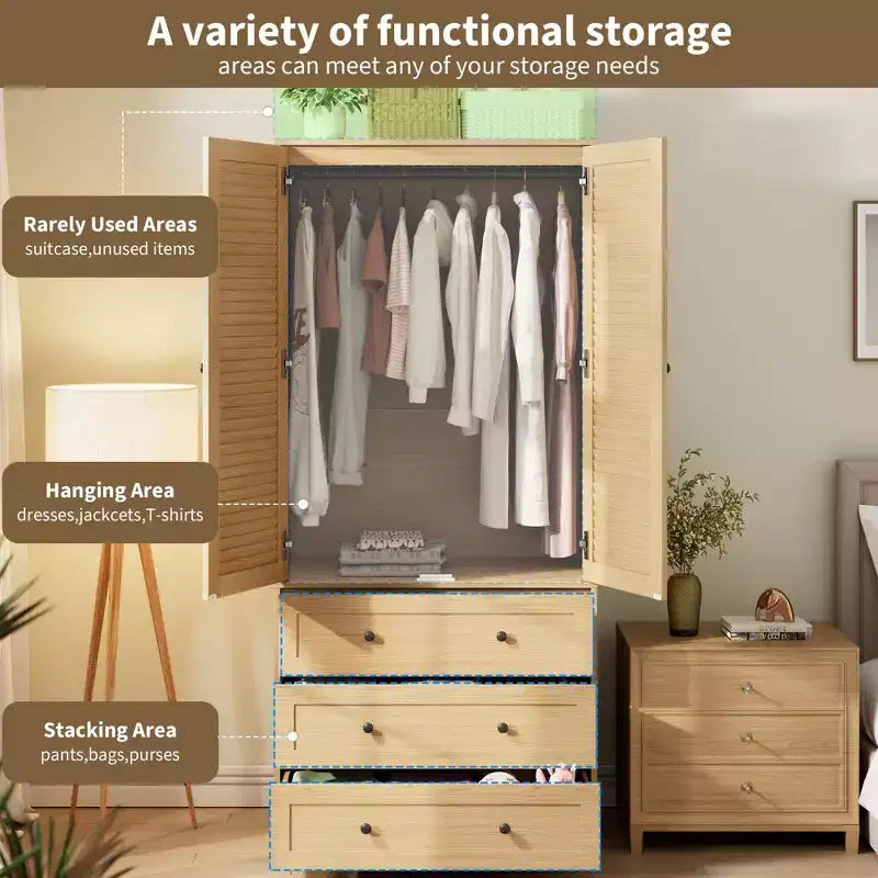 Armoire à vêtements avec tiroirs, armoire penderie en bois de 176,5 cm avec tringle de suspension, placard de rangement à 2 portes