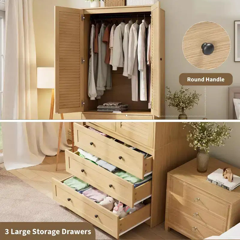 Armoire à vêtements avec tiroirs, armoire penderie en bois de 176,5 cm avec tringle de suspension, placard de rangement à 2 portes