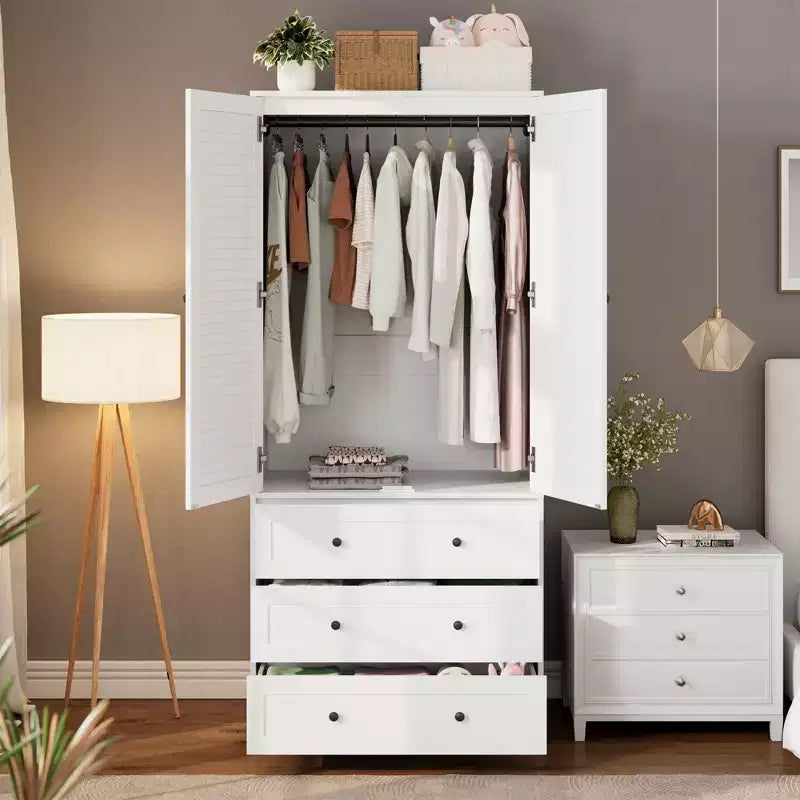 Armoire à vêtements avec tiroirs, armoire penderie en bois de 176,5 cm avec tringle de suspension, placard de rangement à 2 portes
