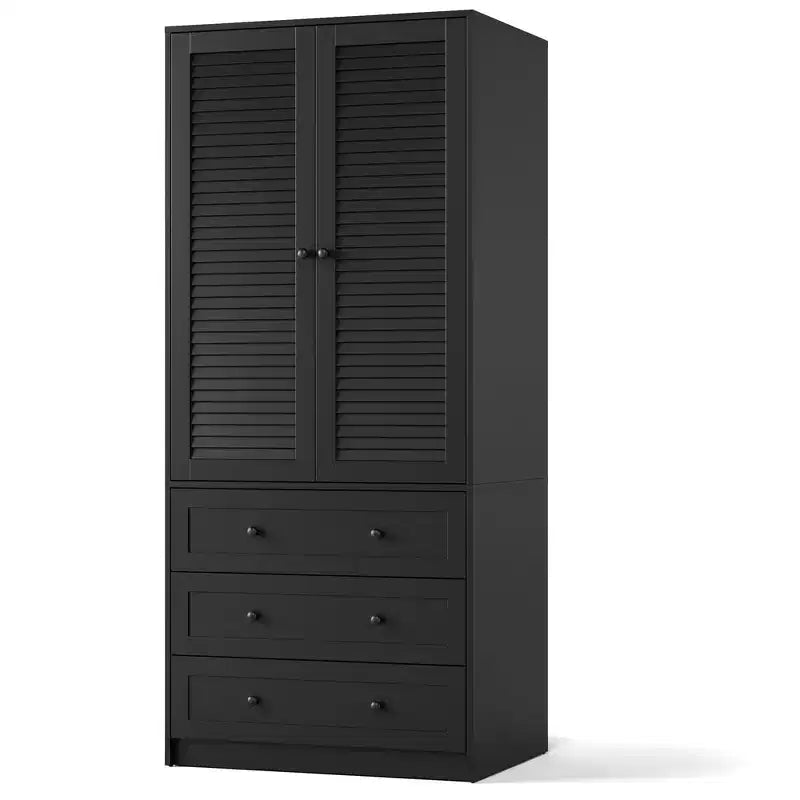 Armoire à vêtements avec tiroirs, armoire penderie en bois de 176,5 cm avec tringle de suspension, placard de rangement à 2 portes