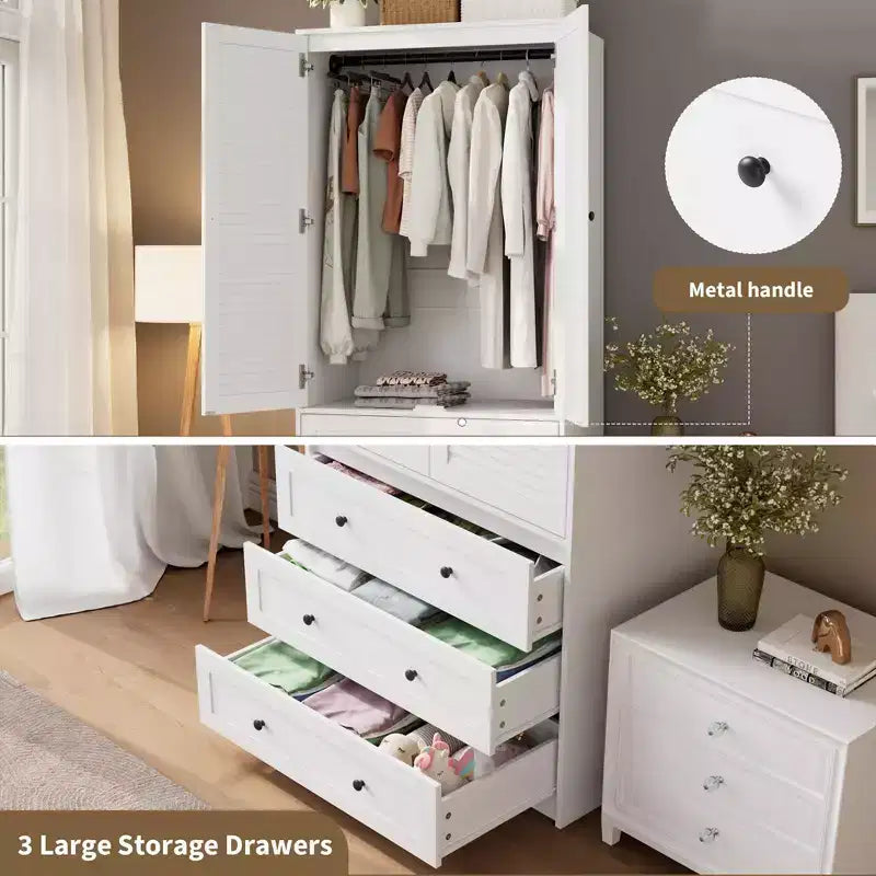 Armoire à vêtements avec tiroirs, armoire penderie en bois de 176,5 cm avec tringle de suspension, placard de rangement à 2 portes