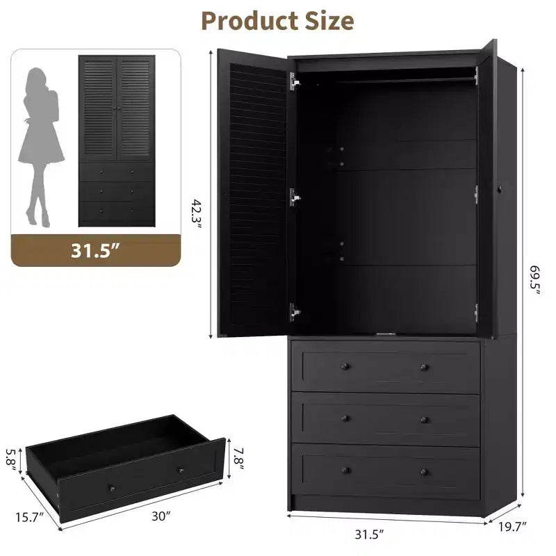 Armoire à vêtements avec tiroirs, armoire penderie en bois de 176,5 cm avec tringle de suspension, placard de rangement à 2 portes