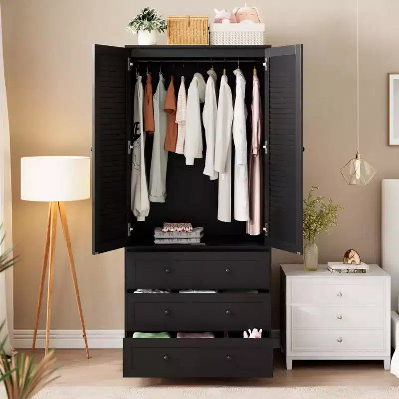 Armoire à vêtements avec tiroirs, armoire penderie en bois de 176,5 cm avec tringle de suspension, placard de rangement à 2 portes