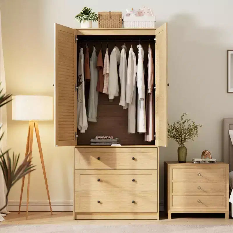Armoire à vêtements avec tiroirs, armoire penderie en bois de 176,5 cm avec tringle de suspension, placard de rangement à 2 portes