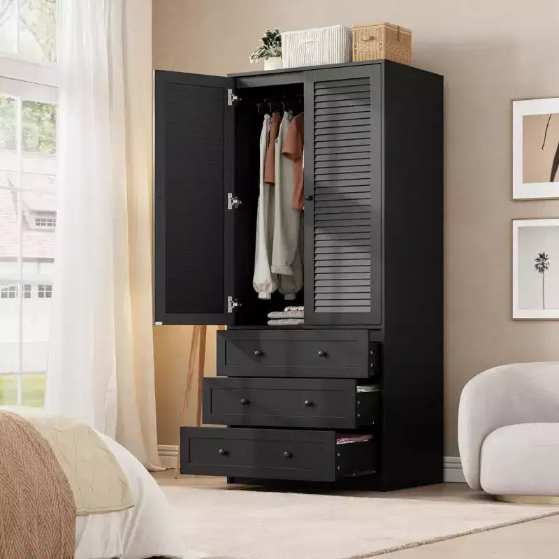 Armoire Wardrobe Closet with Drawers, 69.5 in Wooden Wardrobe Cabinet with Hanging Rod, 2 Doors Clothing Storage Cabinet