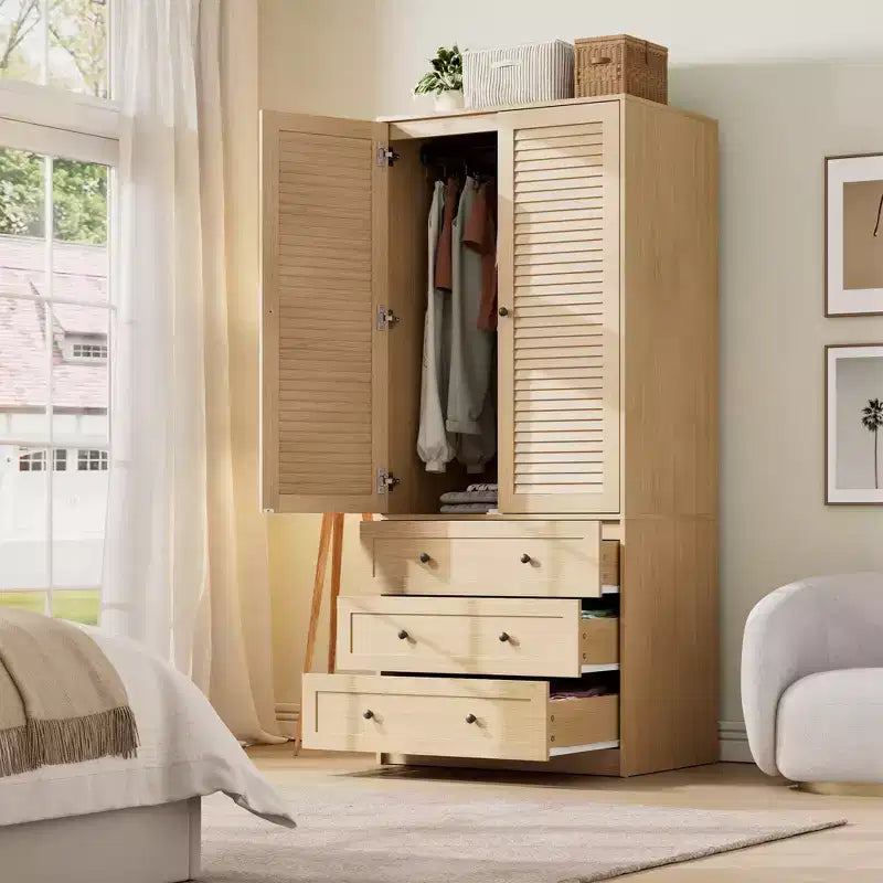 Armoire à vêtements avec tiroirs, armoire penderie en bois de 176,5 cm avec tringle de suspension, placard de rangement à 2 portes