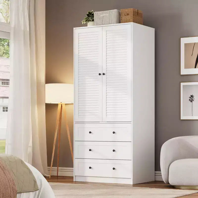 Armoire à vêtements avec tiroirs, armoire penderie en bois de 176,5 cm avec tringle de suspension, placard de rangement à 2 portes