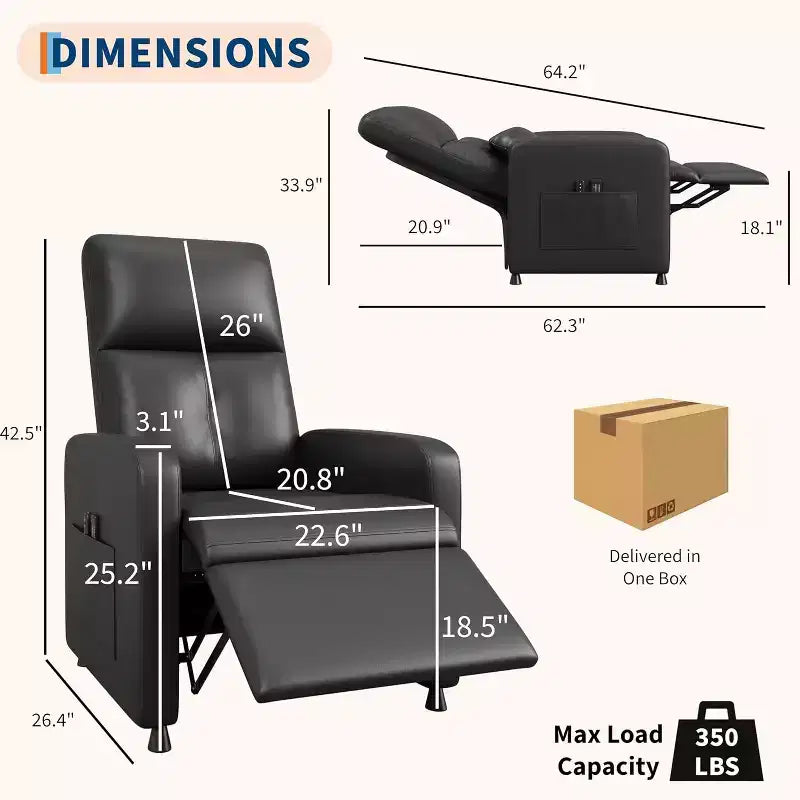 Fauteuil inclinable, Fauteuil Inclinable Ergonomique Rembourré en Cuir PU pour Salon, Dossier Haut, Siège Rembourré, 2 Poches Latérales