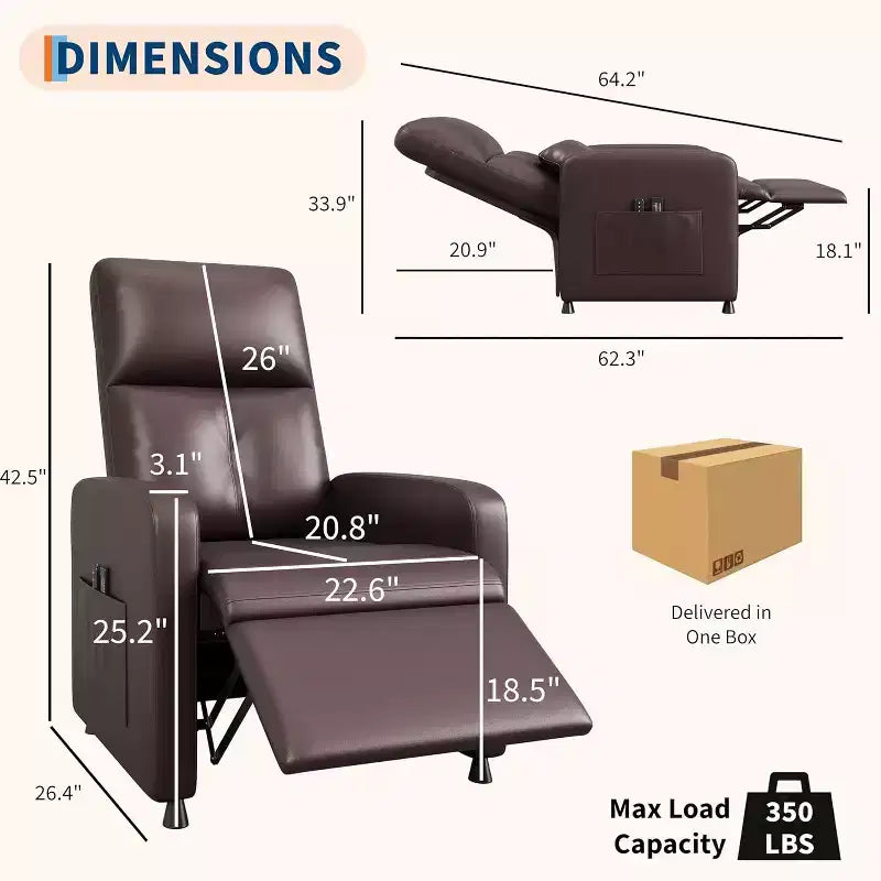 Fauteuil inclinable, Fauteuil Inclinable Ergonomique Rembourré en Cuir PU pour Salon, Dossier Haut, Siège Rembourré, 2 Poches Latérales