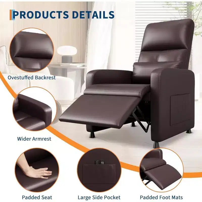 Fauteuil inclinable, Fauteuil Inclinable Ergonomique Rembourré en Cuir PU pour Salon, Dossier Haut, Siège Rembourré, 2 Poches Latérales