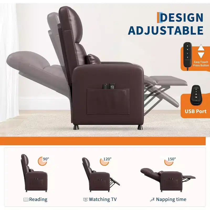Fauteuil inclinable, Fauteuil Inclinable Ergonomique Rembourré en Cuir PU pour Salon, Dossier Haut, Siège Rembourré, 2 Poches Latérales