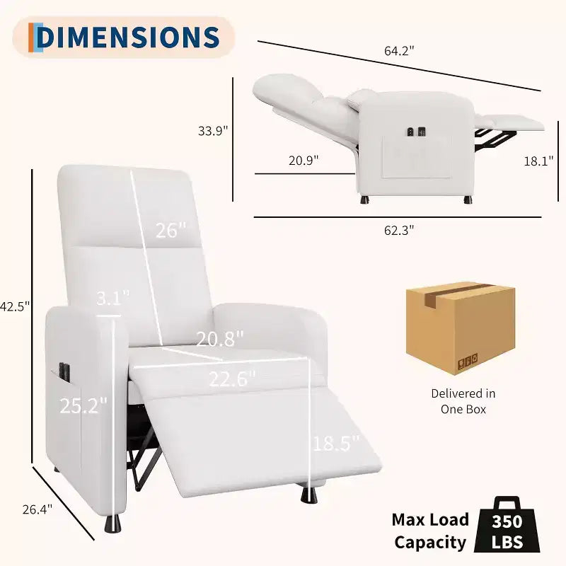 Fauteuil inclinable, Fauteuil Inclinable Ergonomique Rembourré en Cuir PU pour Salon, Dossier Haut, Siège Rembourré, 2 Poches Latérales