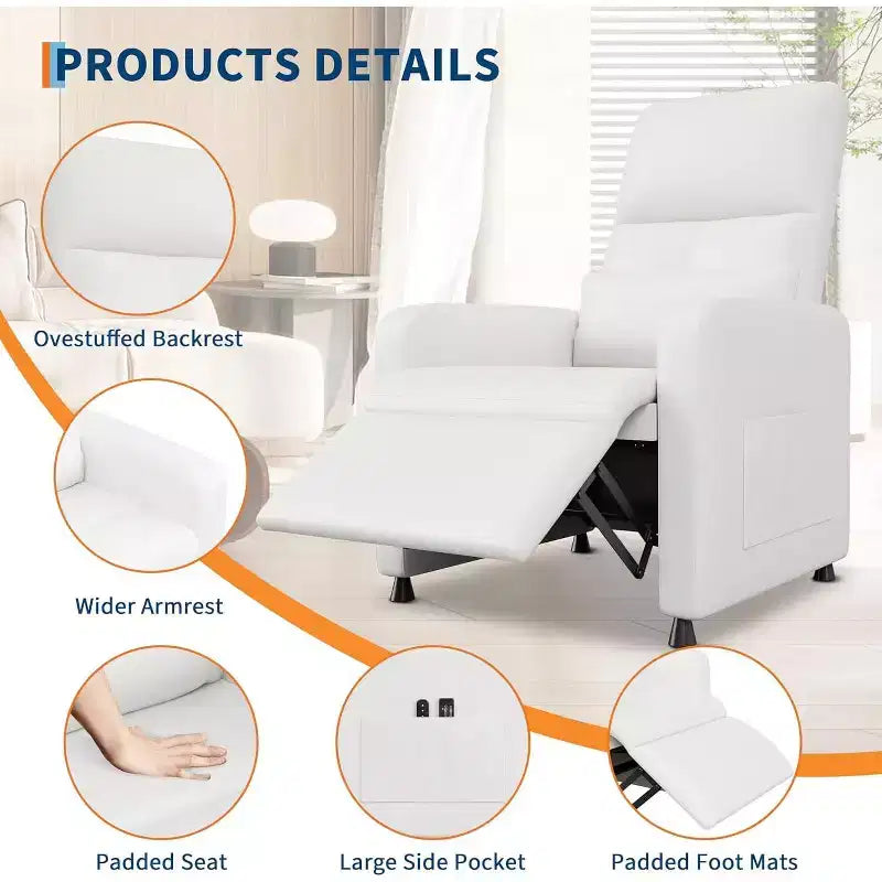Fauteuil inclinable, Fauteuil Inclinable Ergonomique Rembourré en Cuir PU pour Salon, Dossier Haut, Siège Rembourré, 2 Poches Latérales