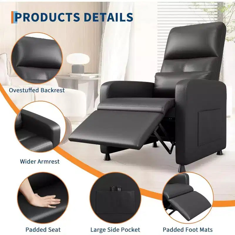 Fauteuil inclinable, Fauteuil Inclinable Ergonomique Rembourré en Cuir PU pour Salon, Dossier Haut, Siège Rembourré, 2 Poches Latérales