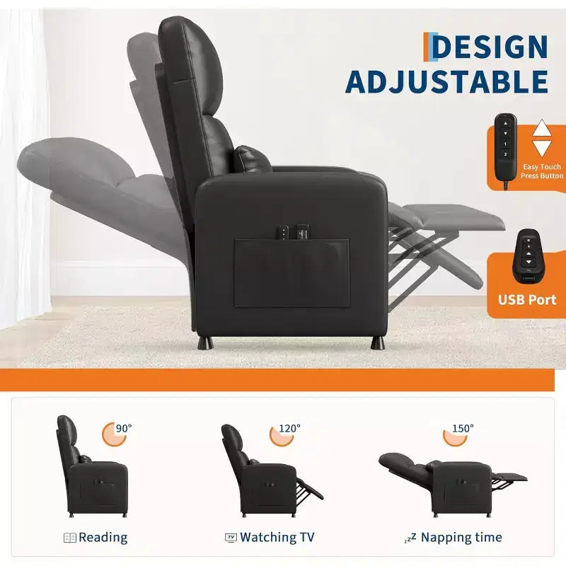 Fauteuil inclinable, Fauteuil Inclinable Ergonomique Rembourré en Cuir PU pour Salon, Dossier Haut, Siège Rembourré, 2 Poches Latérales